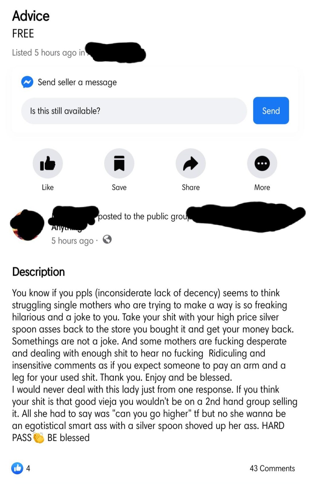Picture of: Single mother is angry that people are selling used items for too